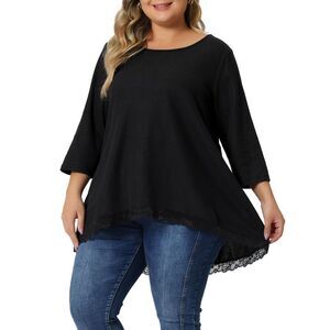 Plus Size Blouse Waffle 3/4 Sleeve Round Neck Lace Panel High Low Hem Tops Black